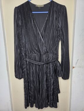Melonie T Women Fit and Flare Dress 14 Black Long Sleeve accordion pleated
